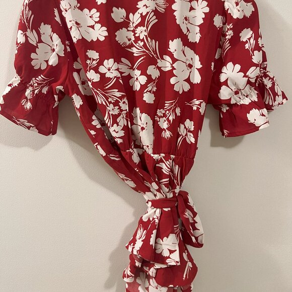 Allegra K Women's Tropical Print Blouse, Small, Red and White Patterned - Picture 5 of 10